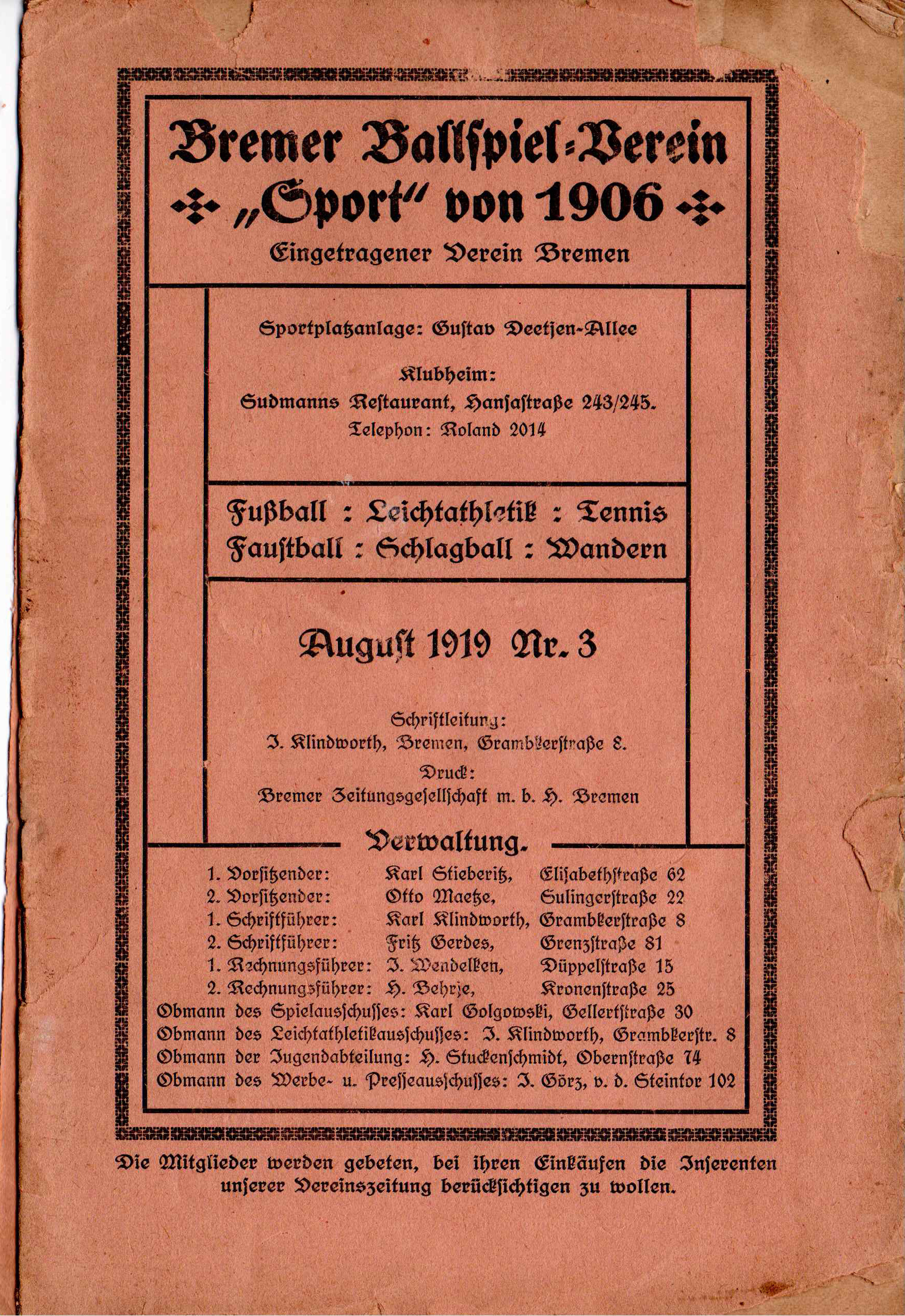 Vereinszeitung August 1919